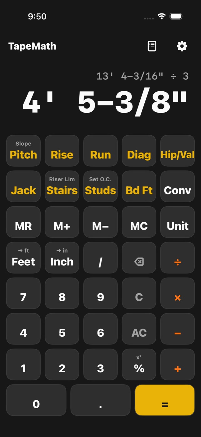 TapeMath calculator — feet-inch-fraction keypad