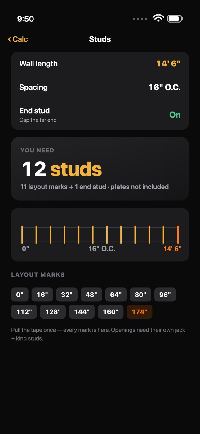 Stud layout calculator, 16 inch on center